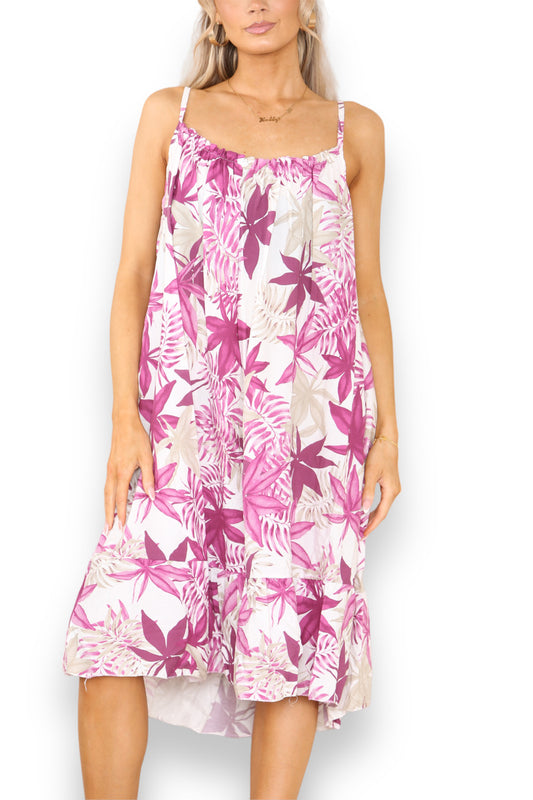 Ladies Leaf Mix Print Strappy Dress Pink