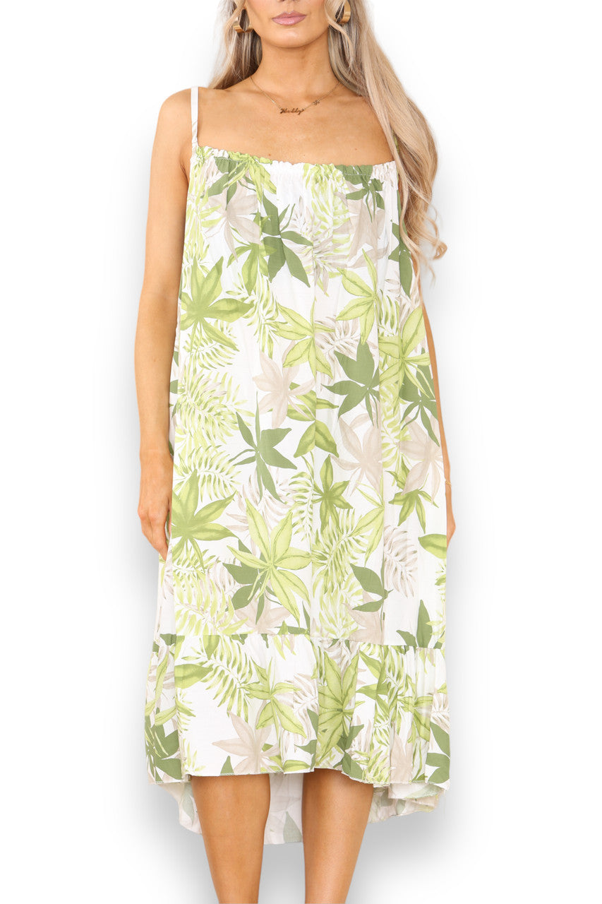 Ladies Leaf Mix Print Strappy Dress Lime