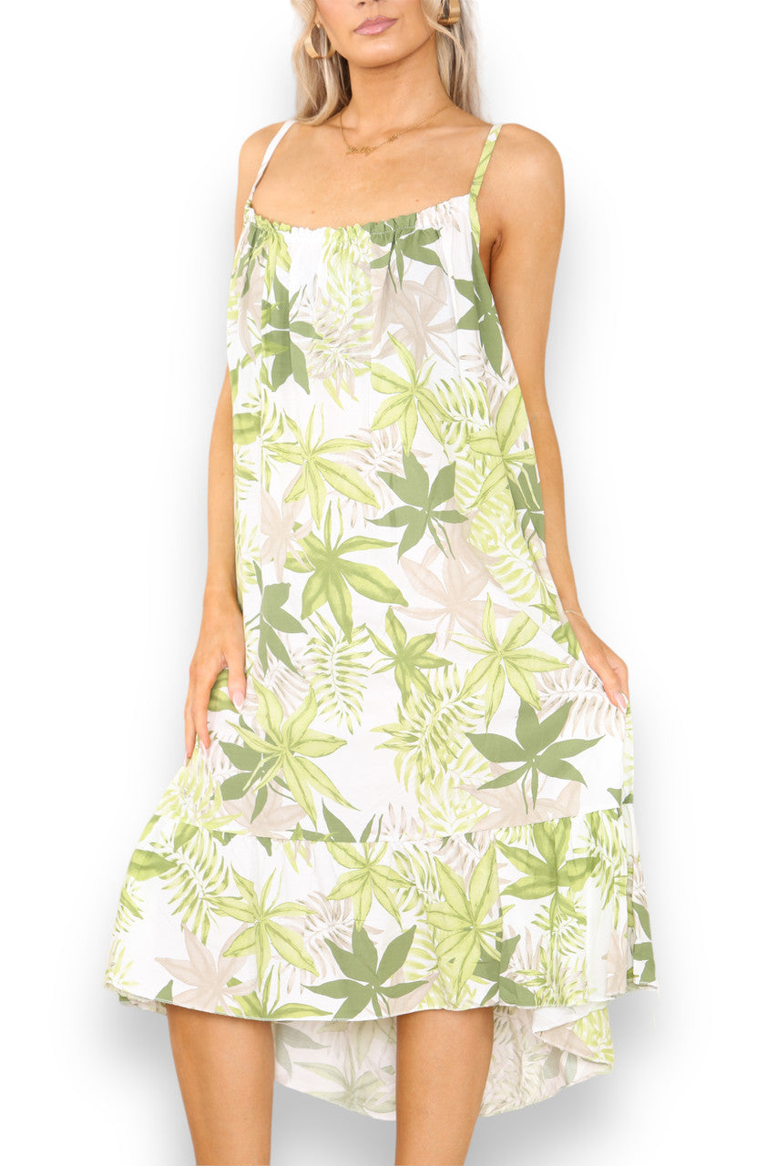 Ladies Leaf Mix Print Strappy Dress Lime
