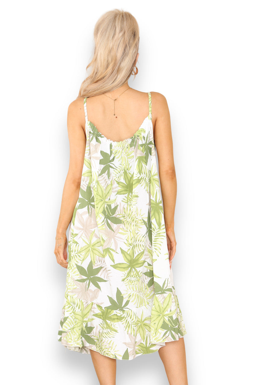 Ladies Leaf Mix Print Strappy Dress Lime