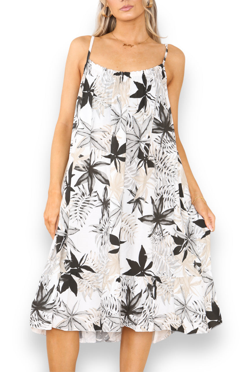 Ladies Leaf Mix Print Strappy Dress Black