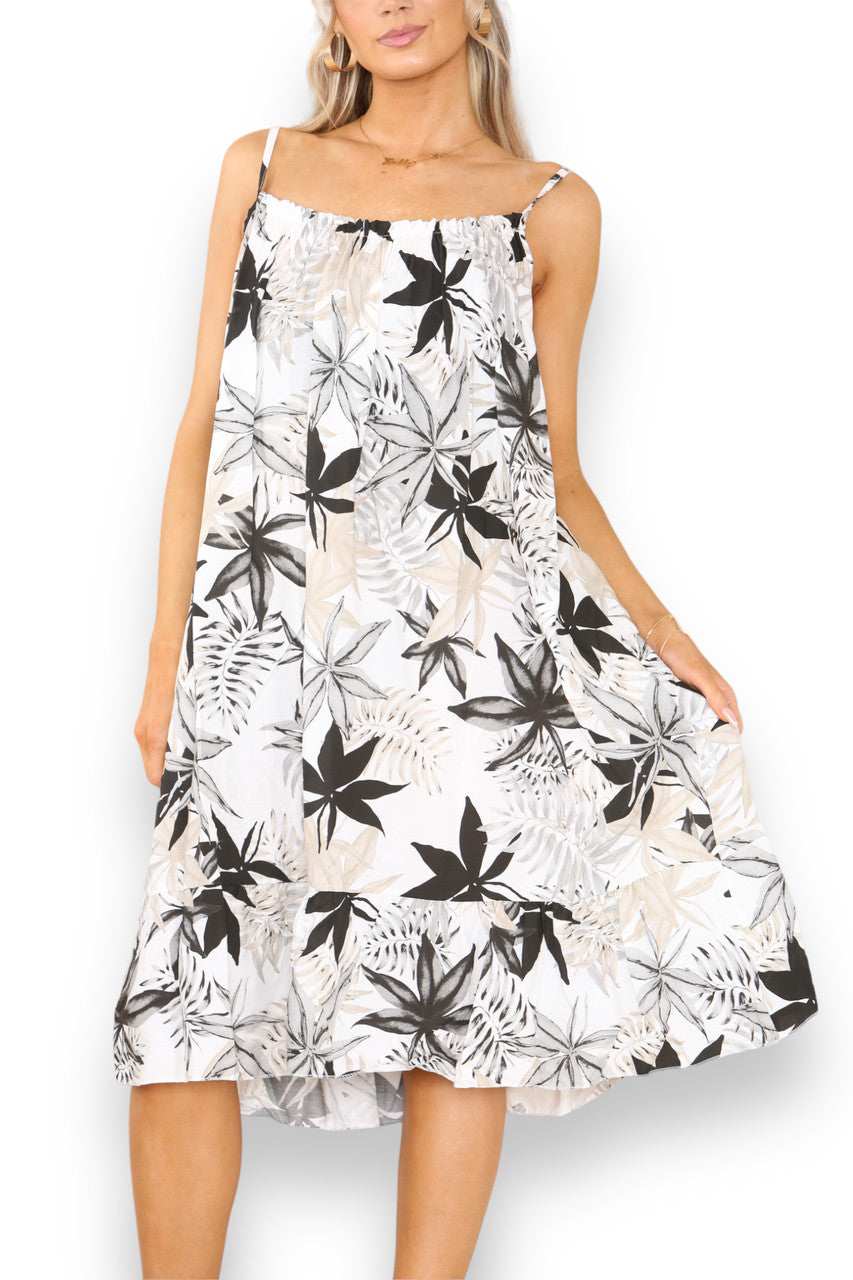 Ladies Leaf Mix Print Strappy Dress Black