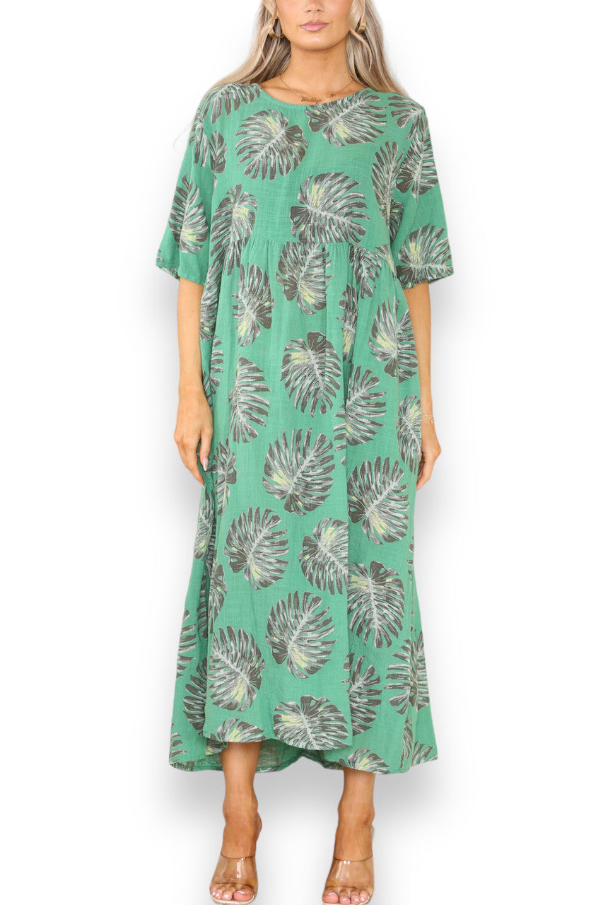 Ladies Palm Leaf Print Dress Green