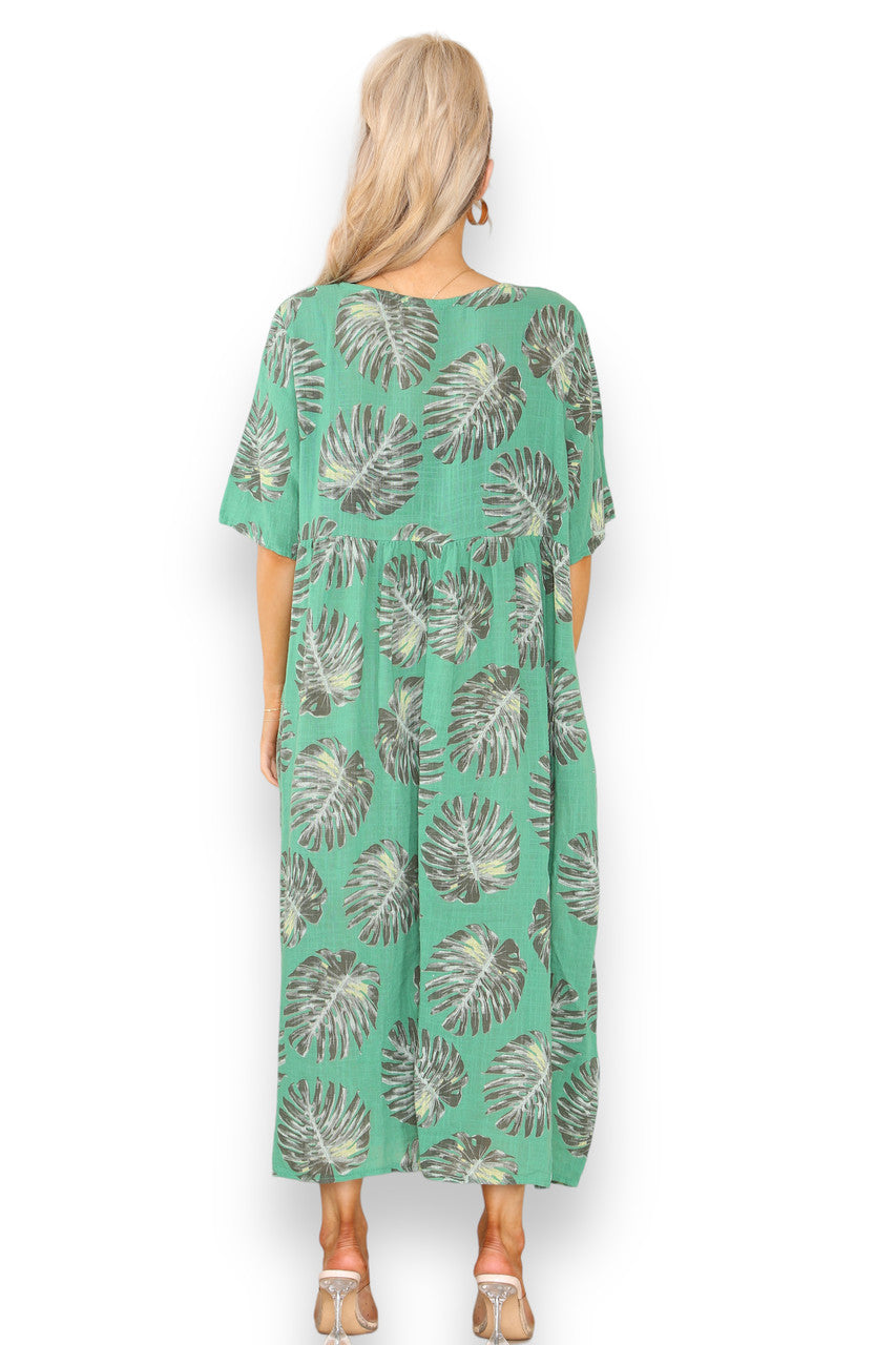 Ladies Palm Leaf Print Dress Green