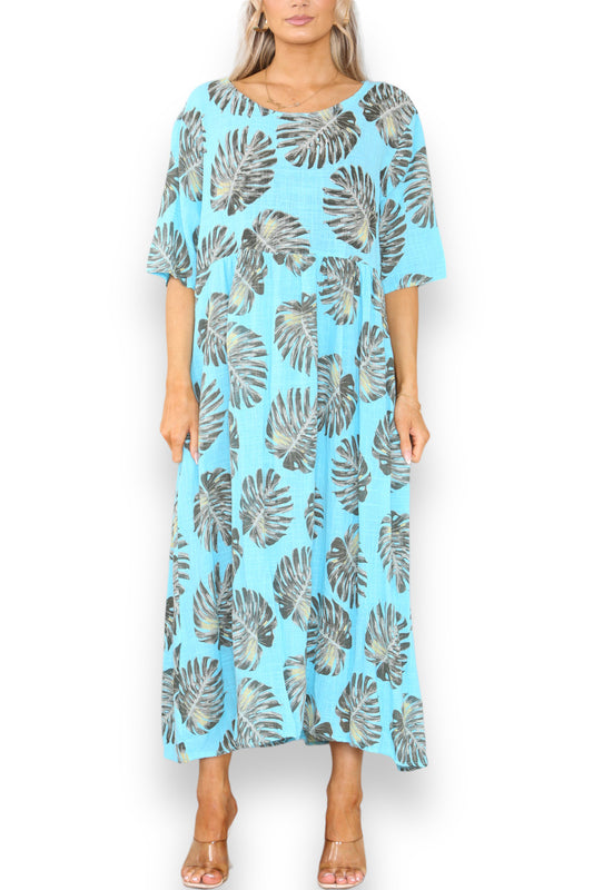 Damesjurk met palmbladprint turquoise