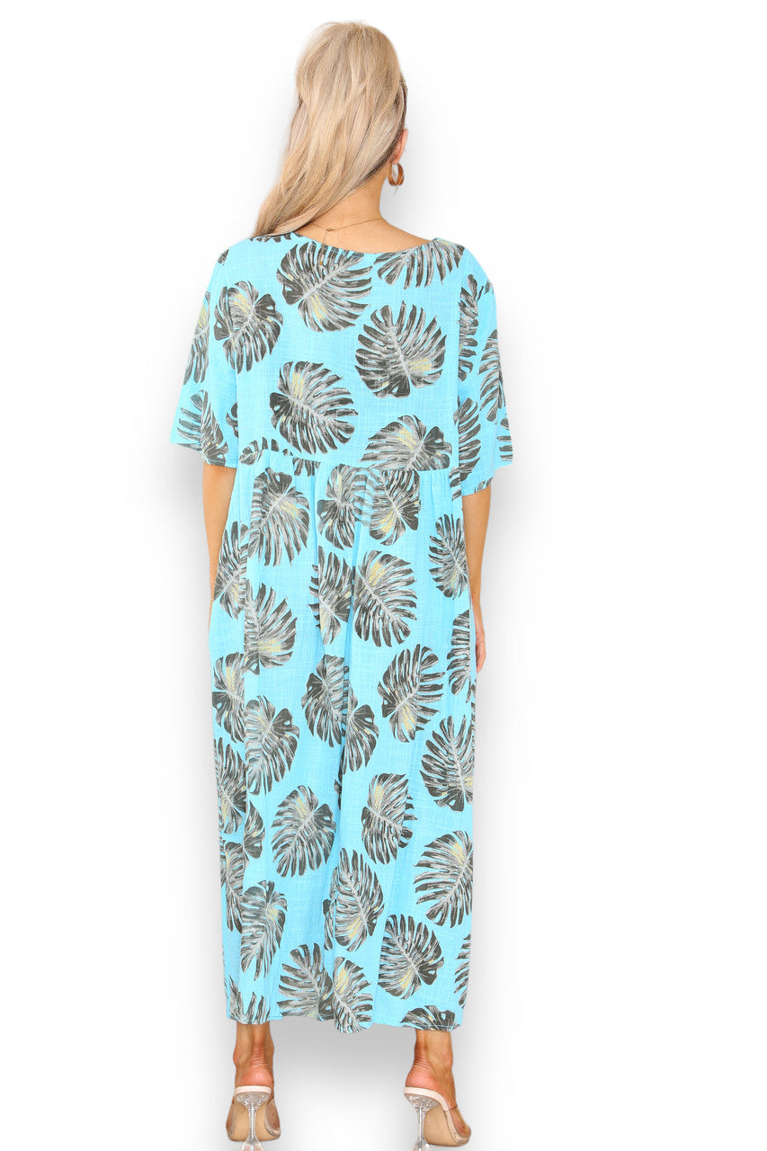 Ladies Palm Leaf Print Dress Turquoise