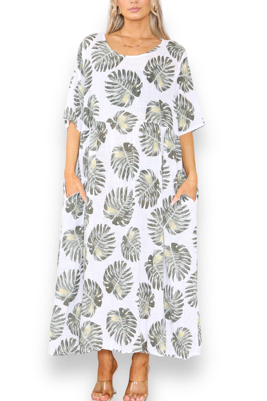 Damesjurk met palmbladprint wit