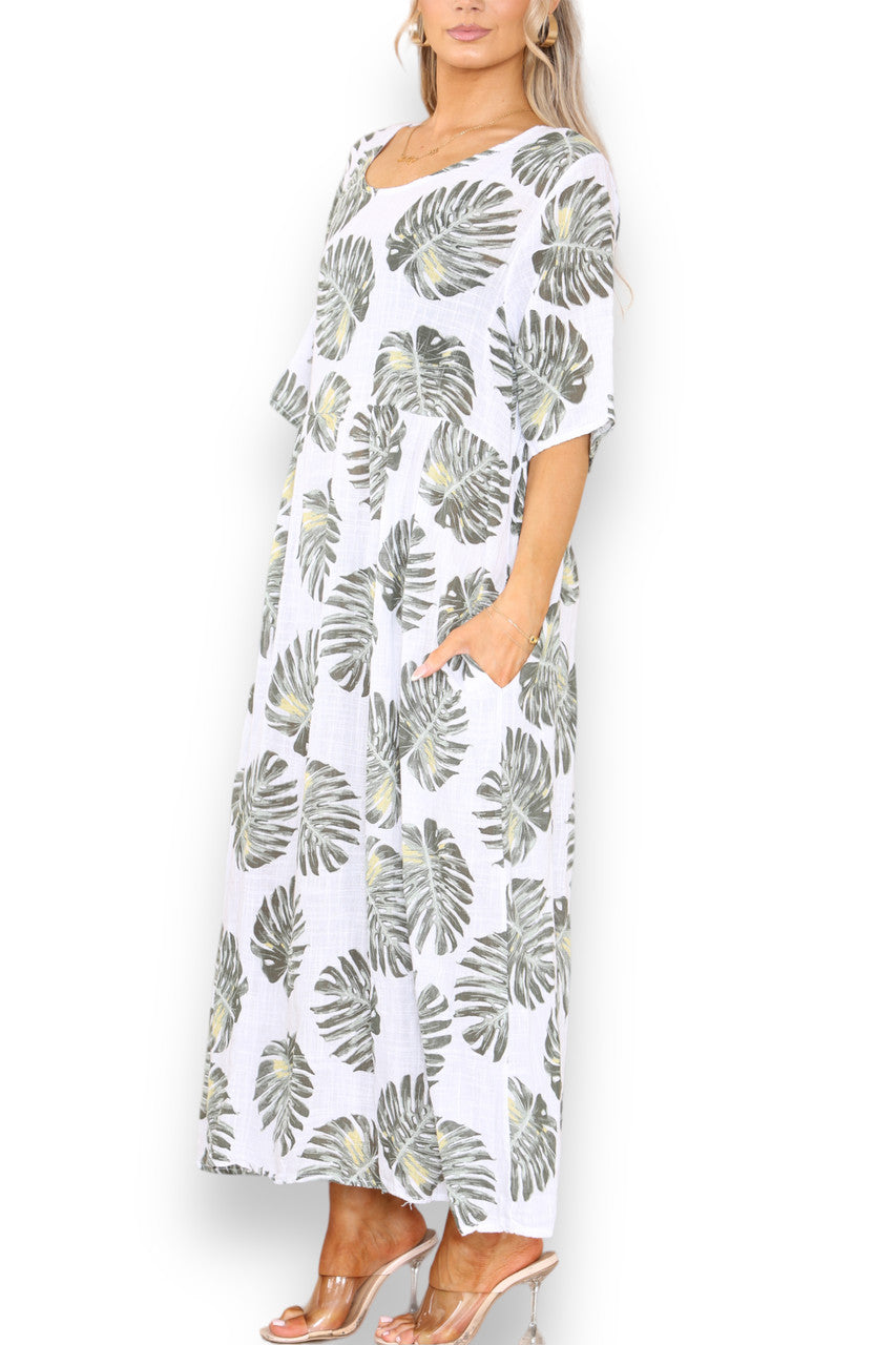 Ladies Palm Leaf Print Dress White