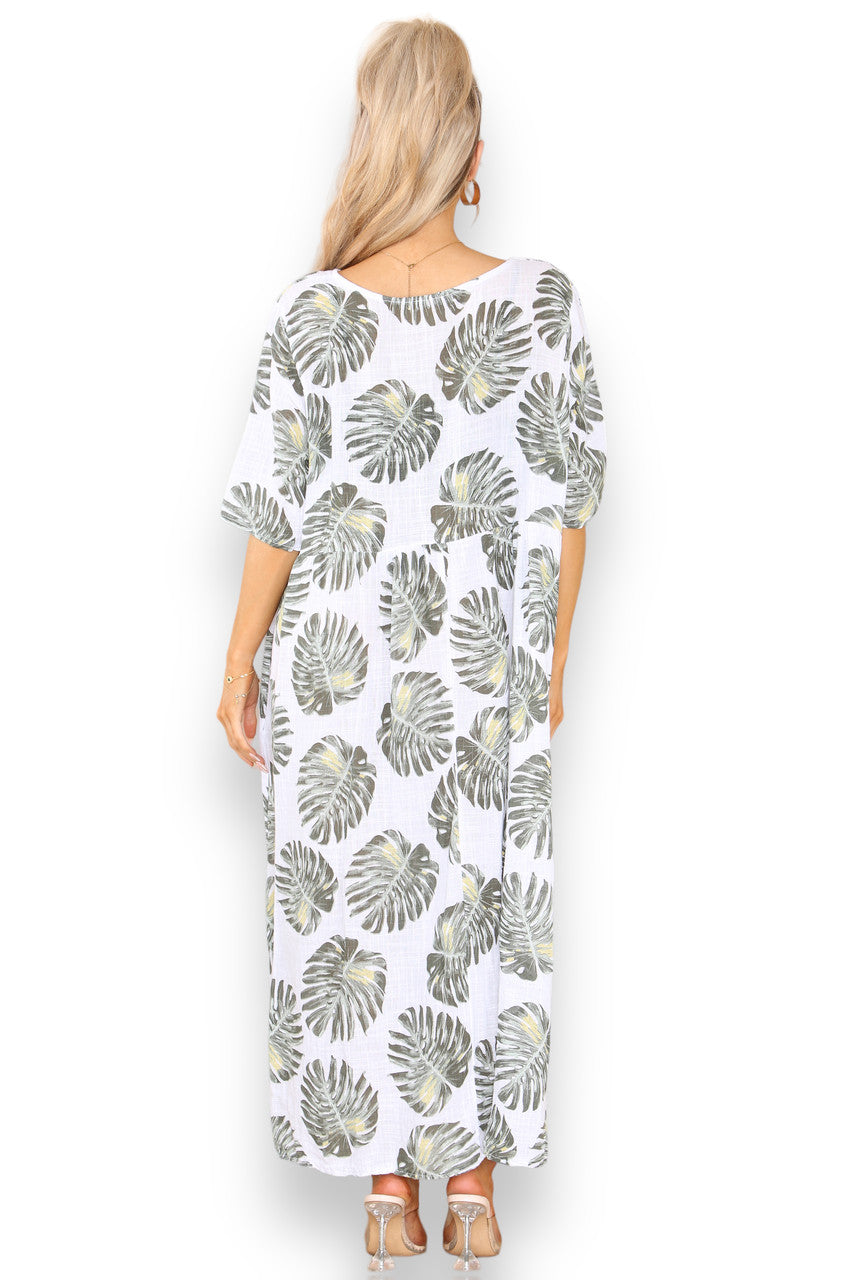Ladies Palm Leaf Print Dress White