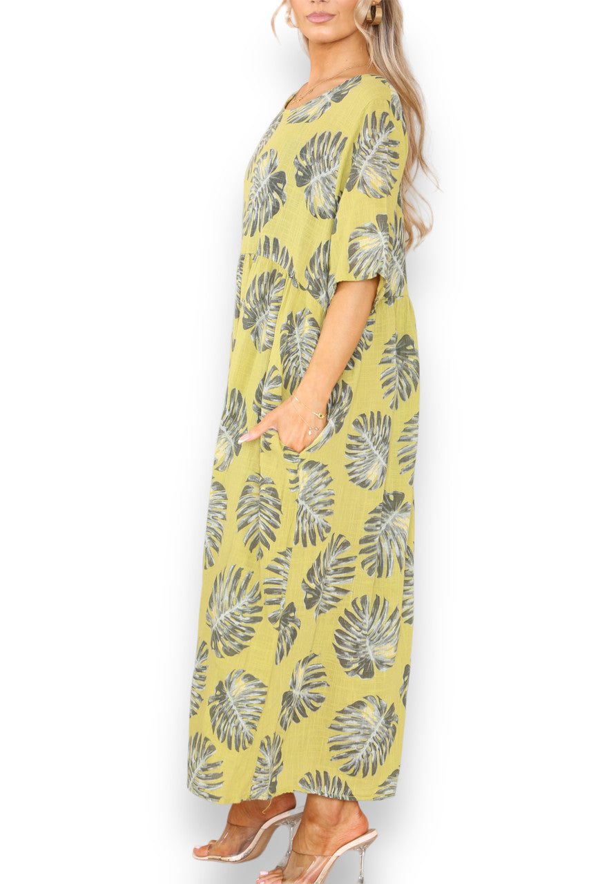 Ladies Palm Leaf Print Dress Lime