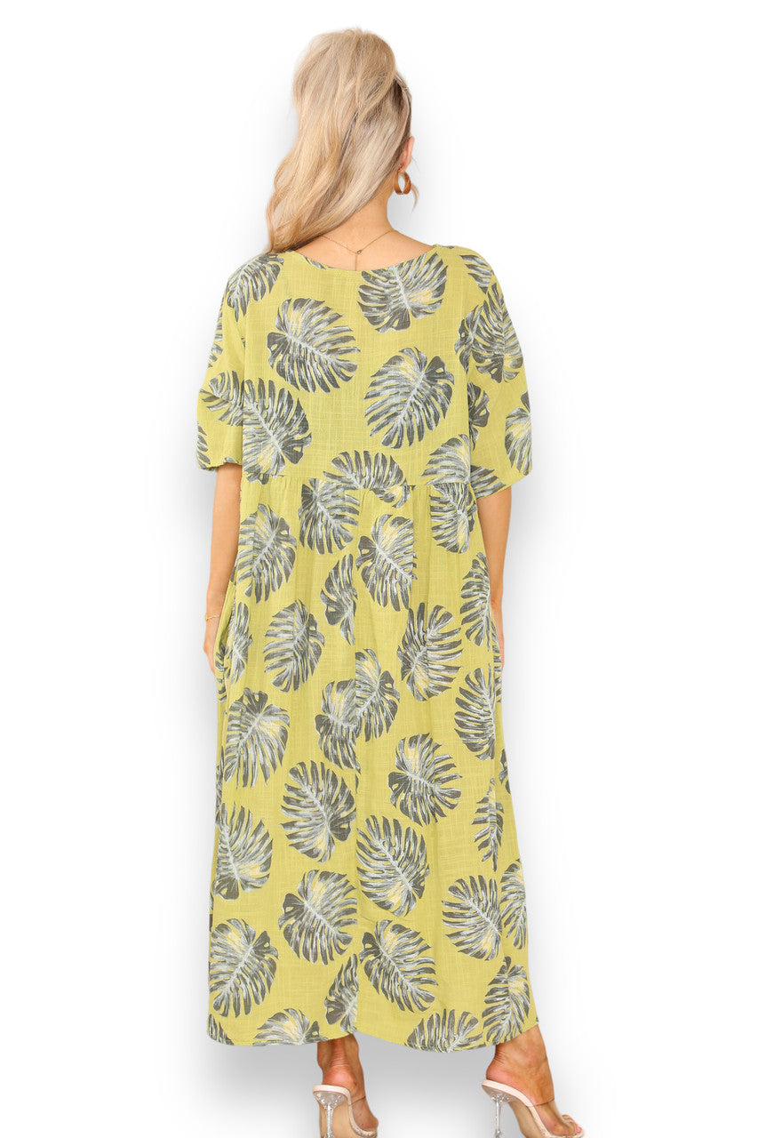 Ladies Palm Leaf Print Dress Lime