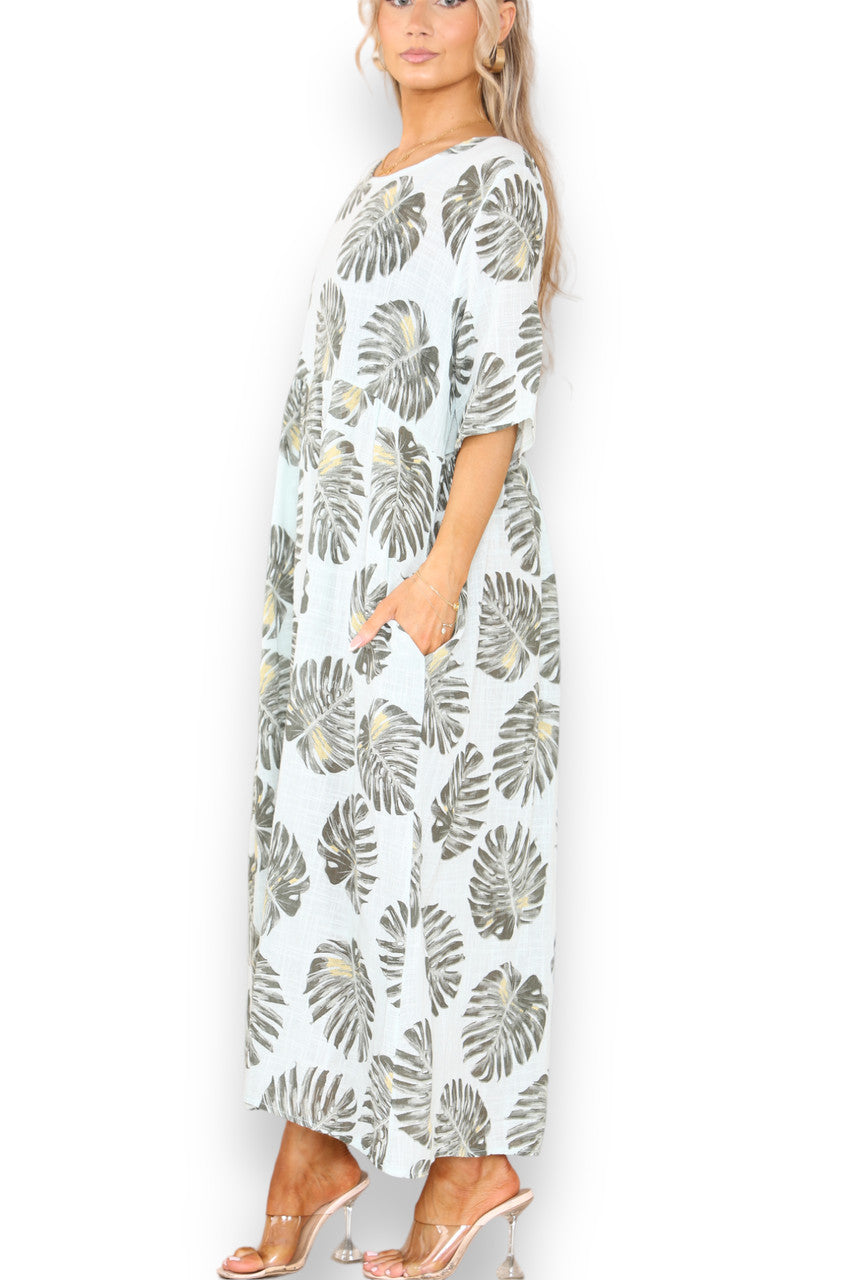 Ladies Palm Leaf Print Dress Mint