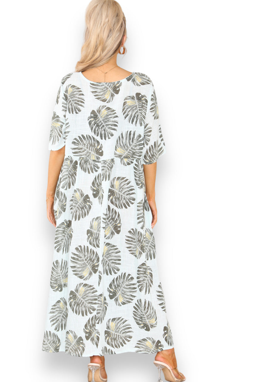Ladies Palm Leaf Print Dress Mint