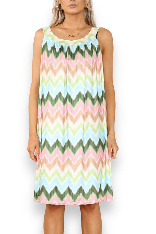 Ladies Zig-Zag Print Slinky Tie Back Dress Khaki