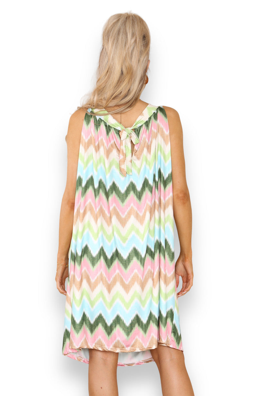 Ladies Zig-Zag Print Slinky Tie Back Dress Khaki