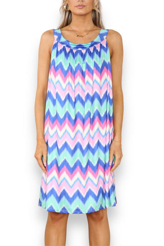 Ladies Zig-Zag Print Slinky Tie Back Dress Blue