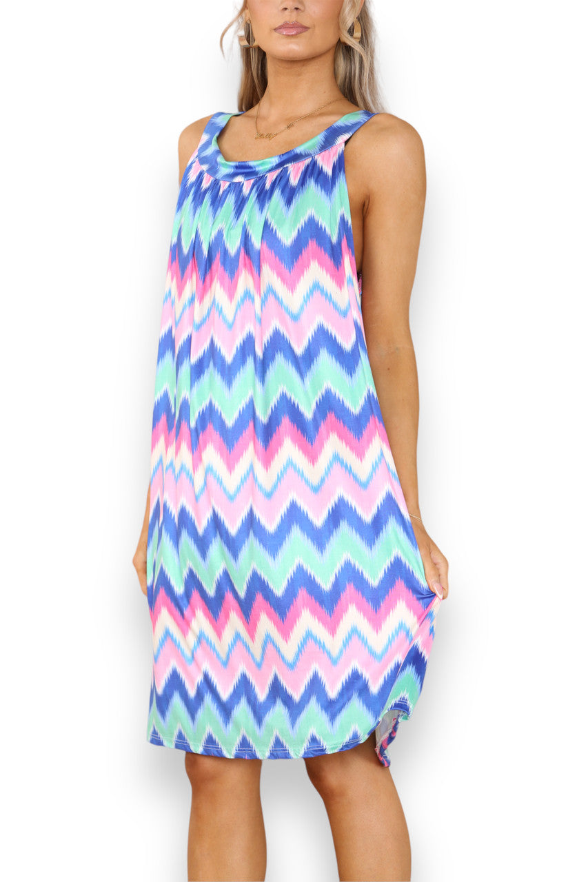 Ladies Zig-Zag Print Slinky Tie Back Dress Blue