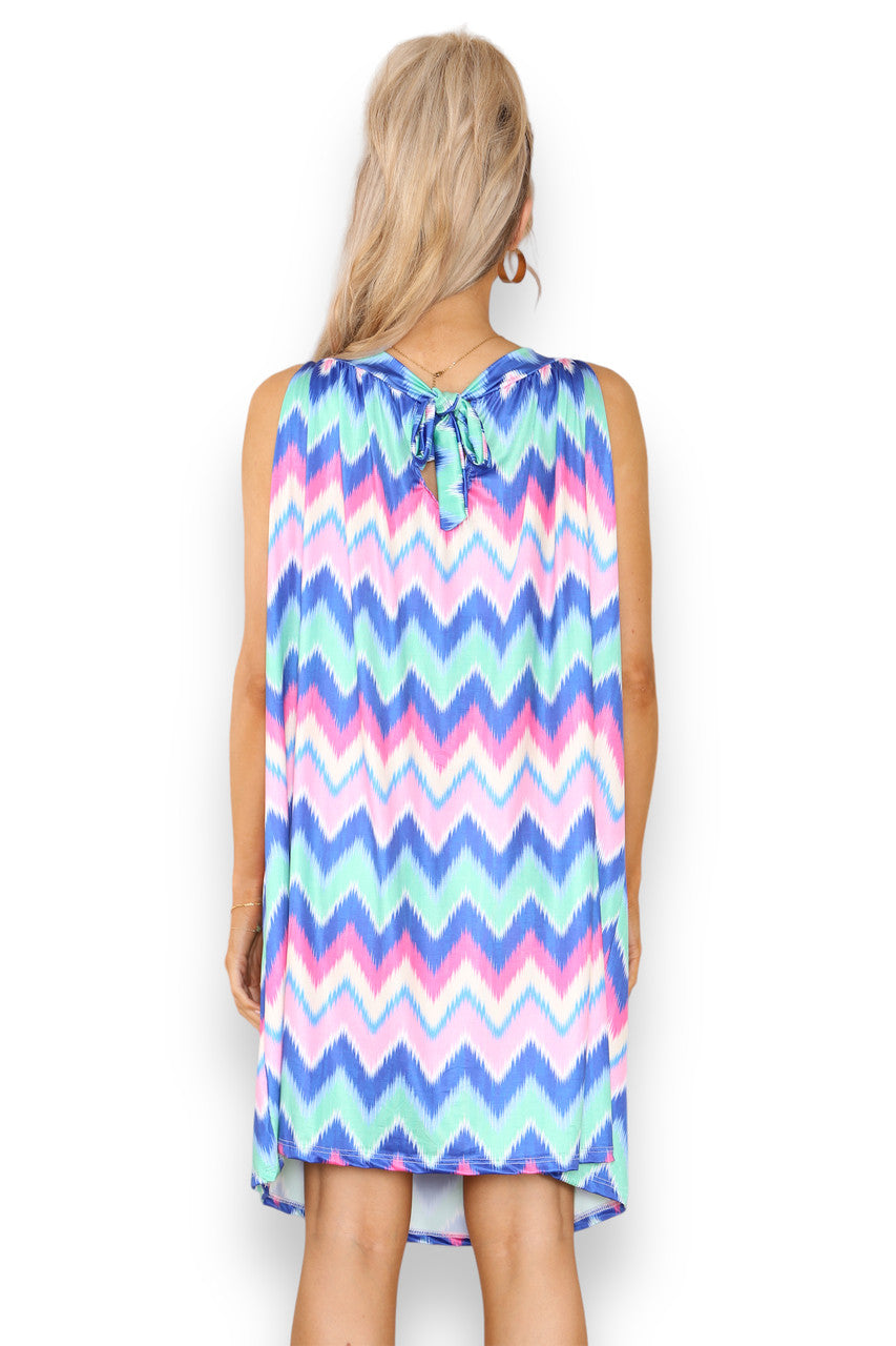 Ladies Zig-Zag Print Slinky Tie Back Dress Blue