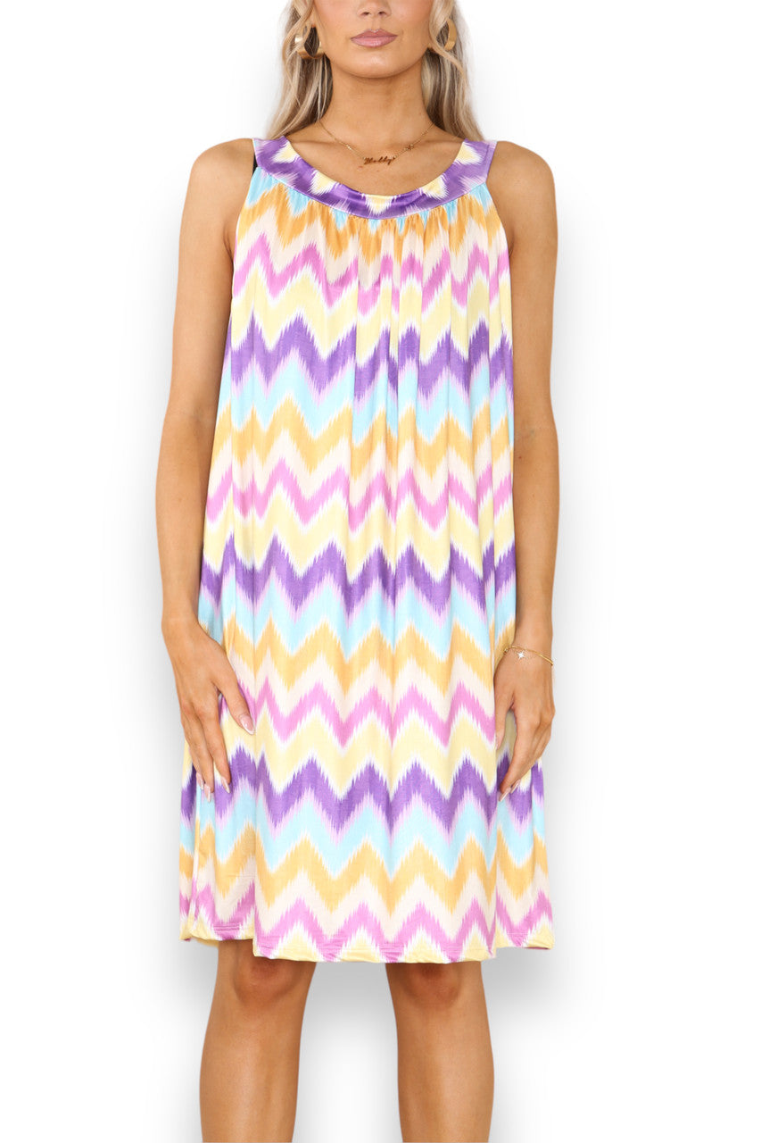 Ladies Zig-Zag Print Slinky Tie Back Dress Lilac
