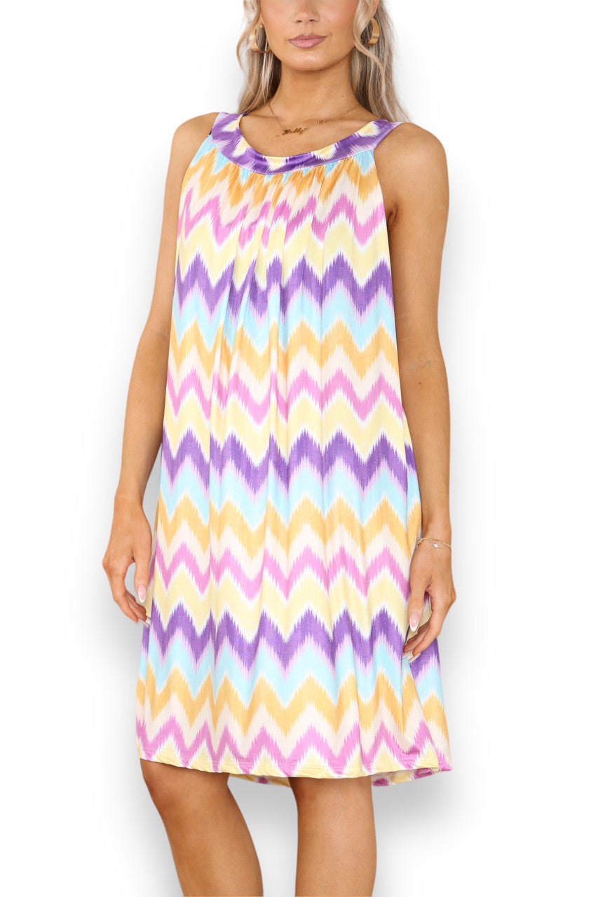 Ladies Zig-Zag Print Slinky Tie Back Dress Lilac