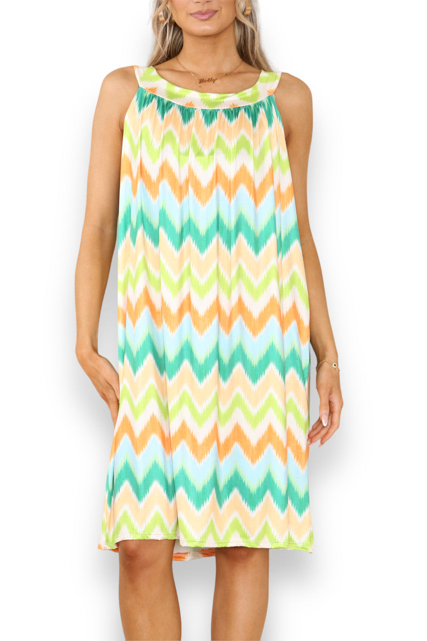 Ladies Zig-Zag Print Slinky Tie Back Dress Orange