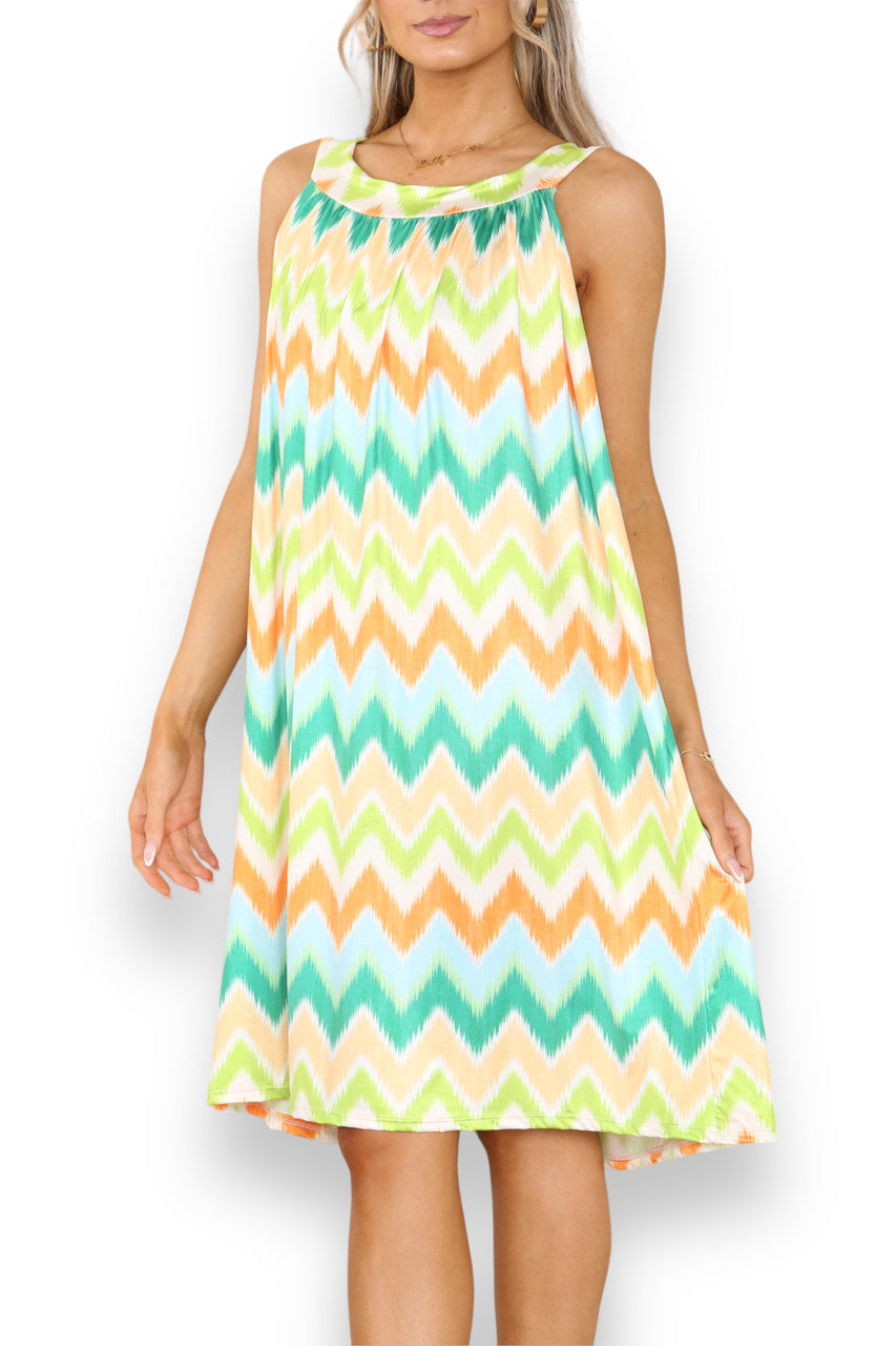 Ladies Zig-Zag Print Slinky Tie Back Dress Orange