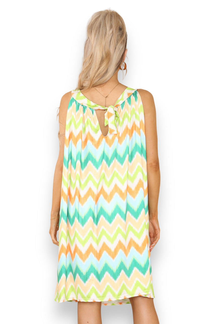 Ladies Zig-Zag Print Slinky Tie Back Dress Orange