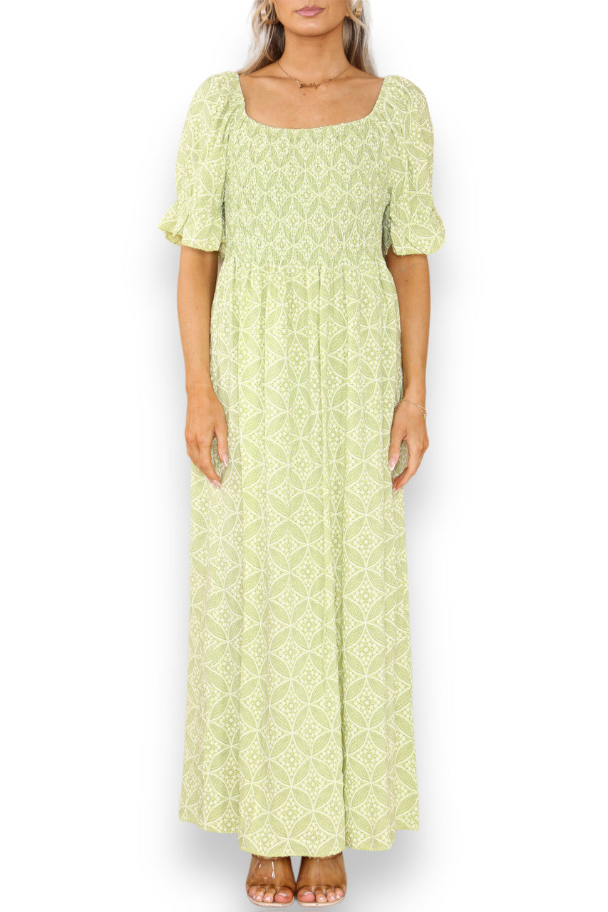 MAXIJURK MET GEOMETRISCHE BLOEMENPRINT EN BARDOTHALS LIME