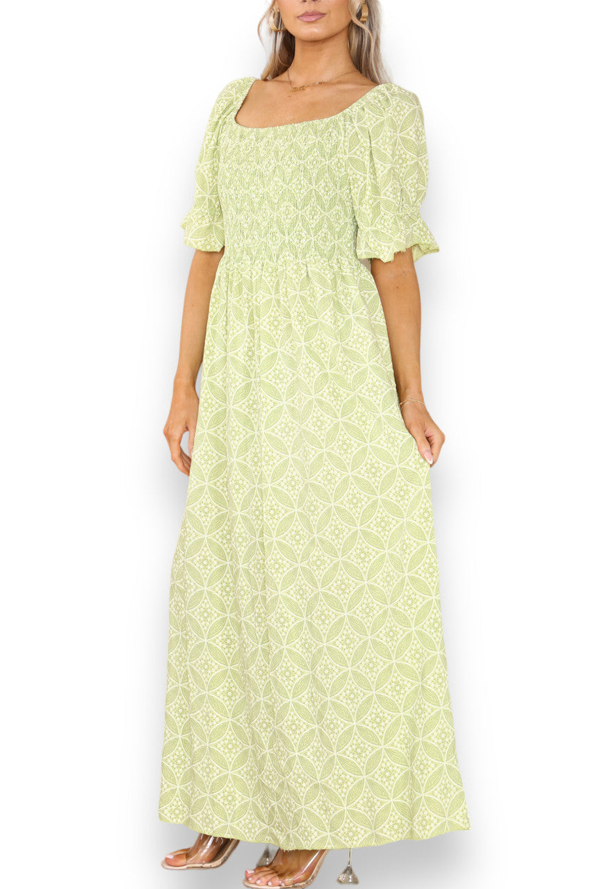 MAXIJURK MET GEOMETRISCHE BLOEMENPRINT EN BARDOTHALS LIME