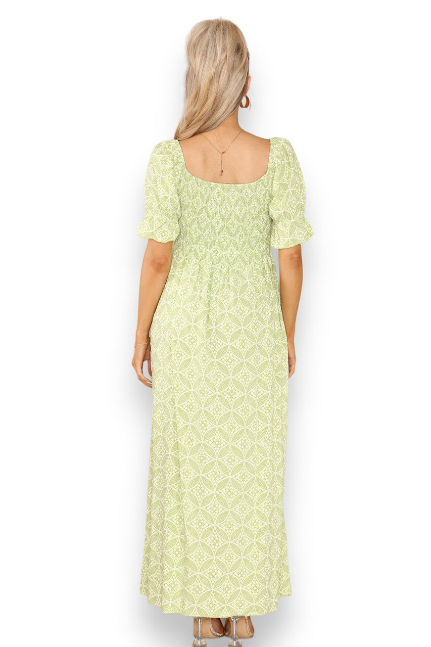MAXIJURK MET GEOMETRISCHE BLOEMENPRINT EN BARDOTHALS LIME