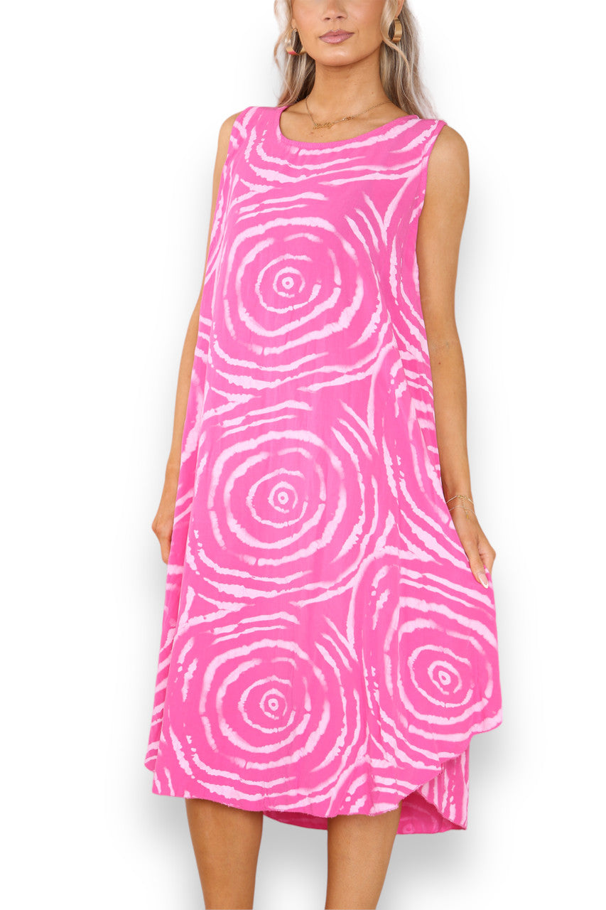 Ladies Swirl Print Sleeveless Dress Cerise