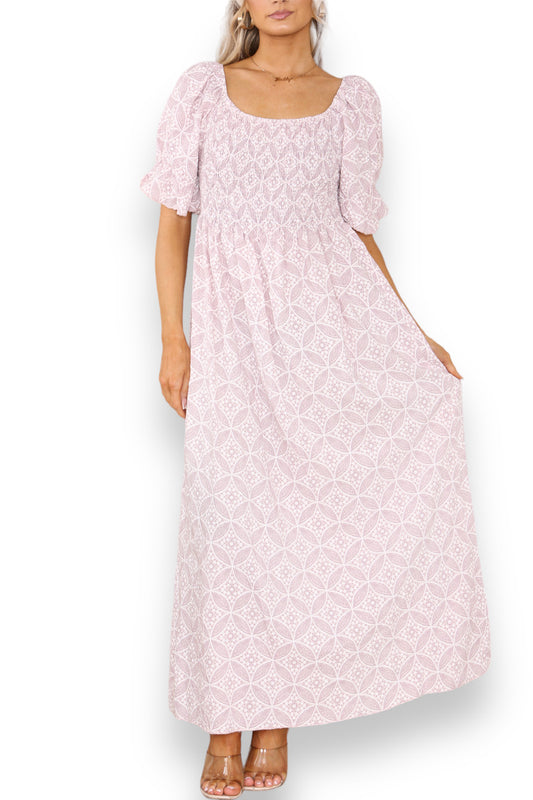 DITSY GEOMETRIC FLORAL BARDOT MAXI DRESS DUSTY PINK