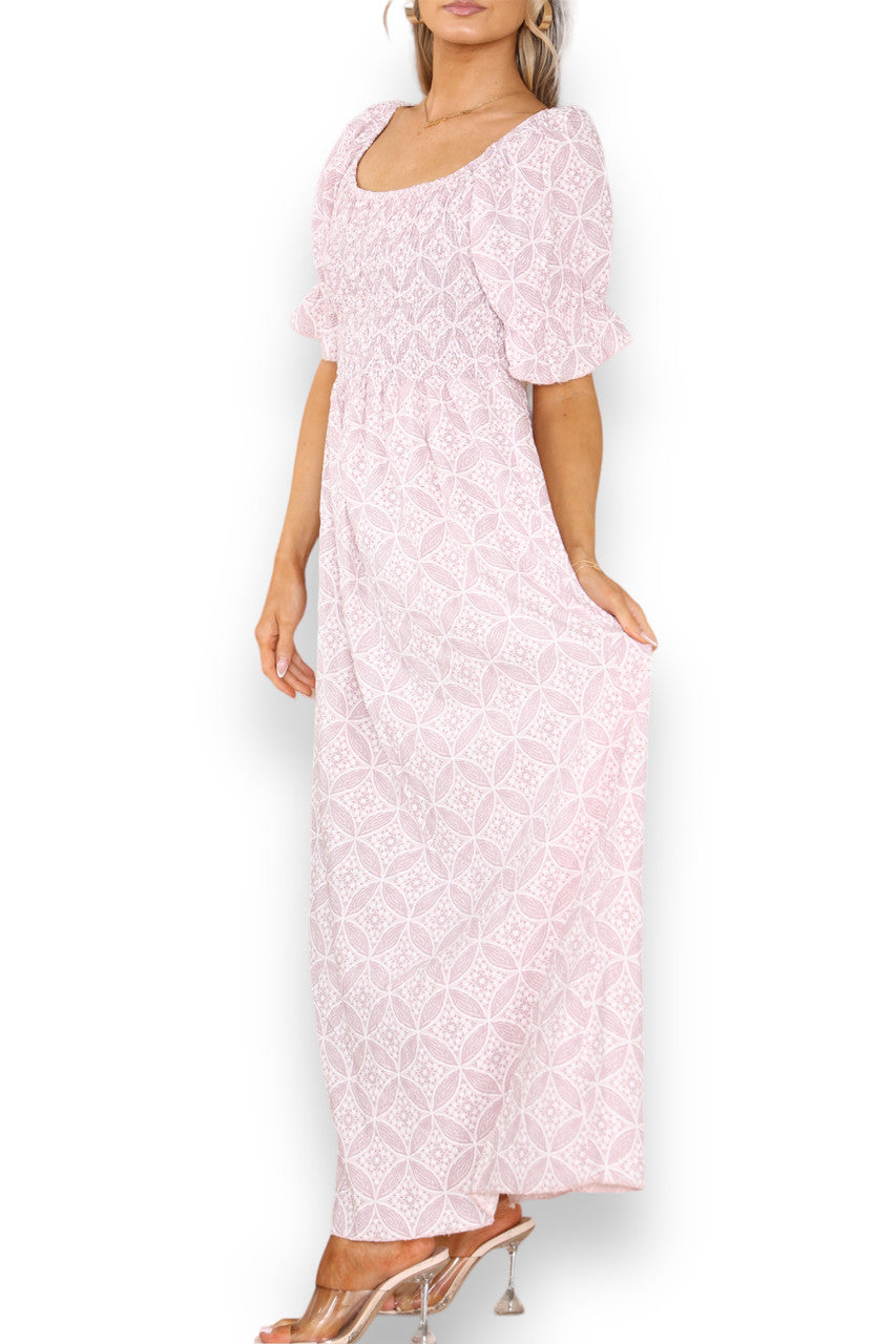 DITSY GEOMETRISCHE BLOEMEN BARDOT MAXIJURK STOFROZE