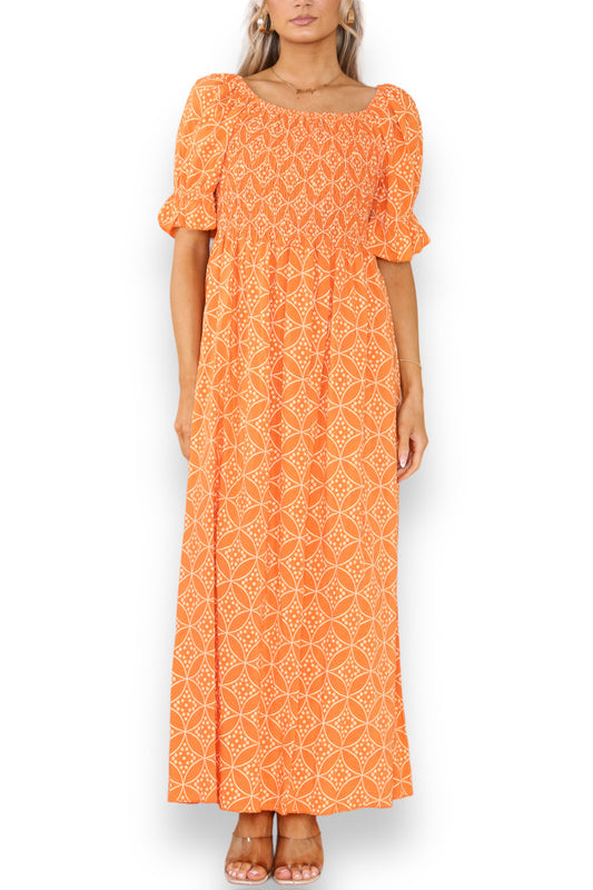DITSY GEOMETRIC FLORAL BARDOT MAXI DRESS ORANGE