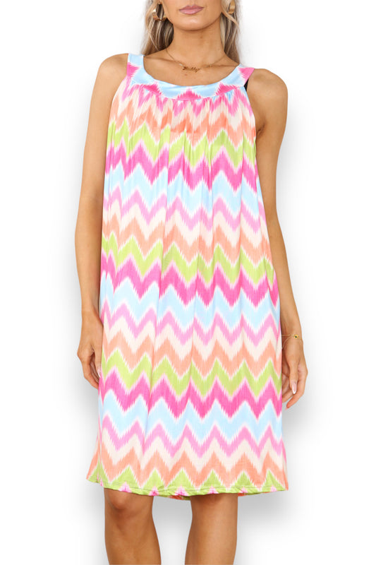Ladies Zig-Zag Print Slinky Tie Back Dress Cerise