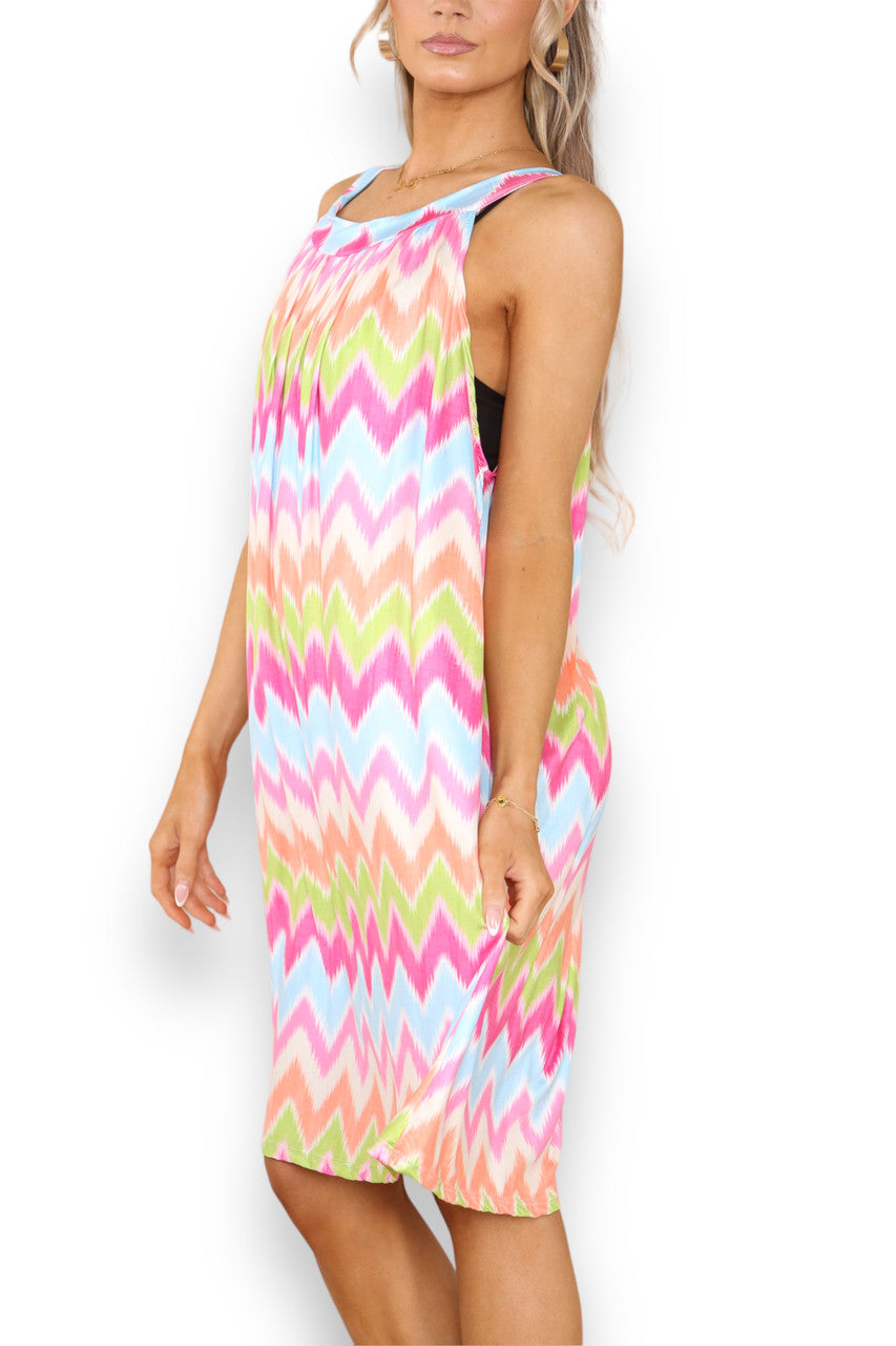 Ladies Zig-Zag Print Slinky Tie Back Dress Cerise