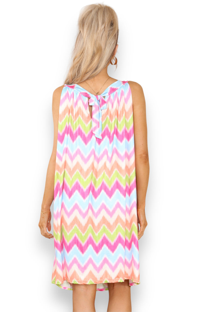 Ladies Zig-Zag Print Slinky Tie Back Dress Cerise