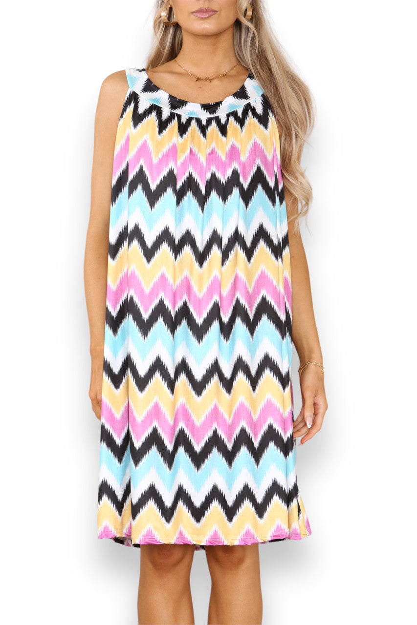 Ladies Zig-Zag Print Slinky Tie Back Dress Black