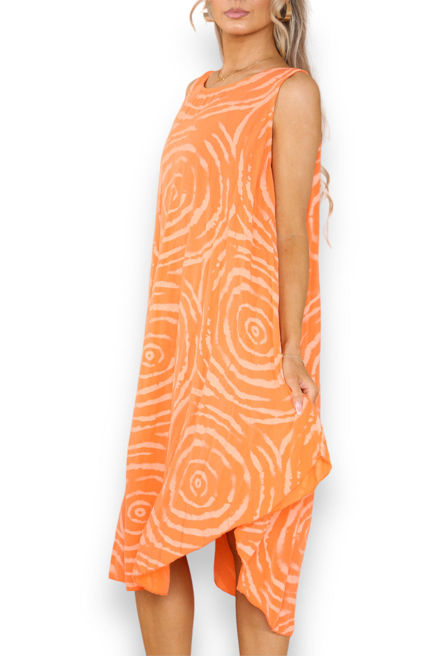 Ladies Swirl Print Sleeveless Dress Orange