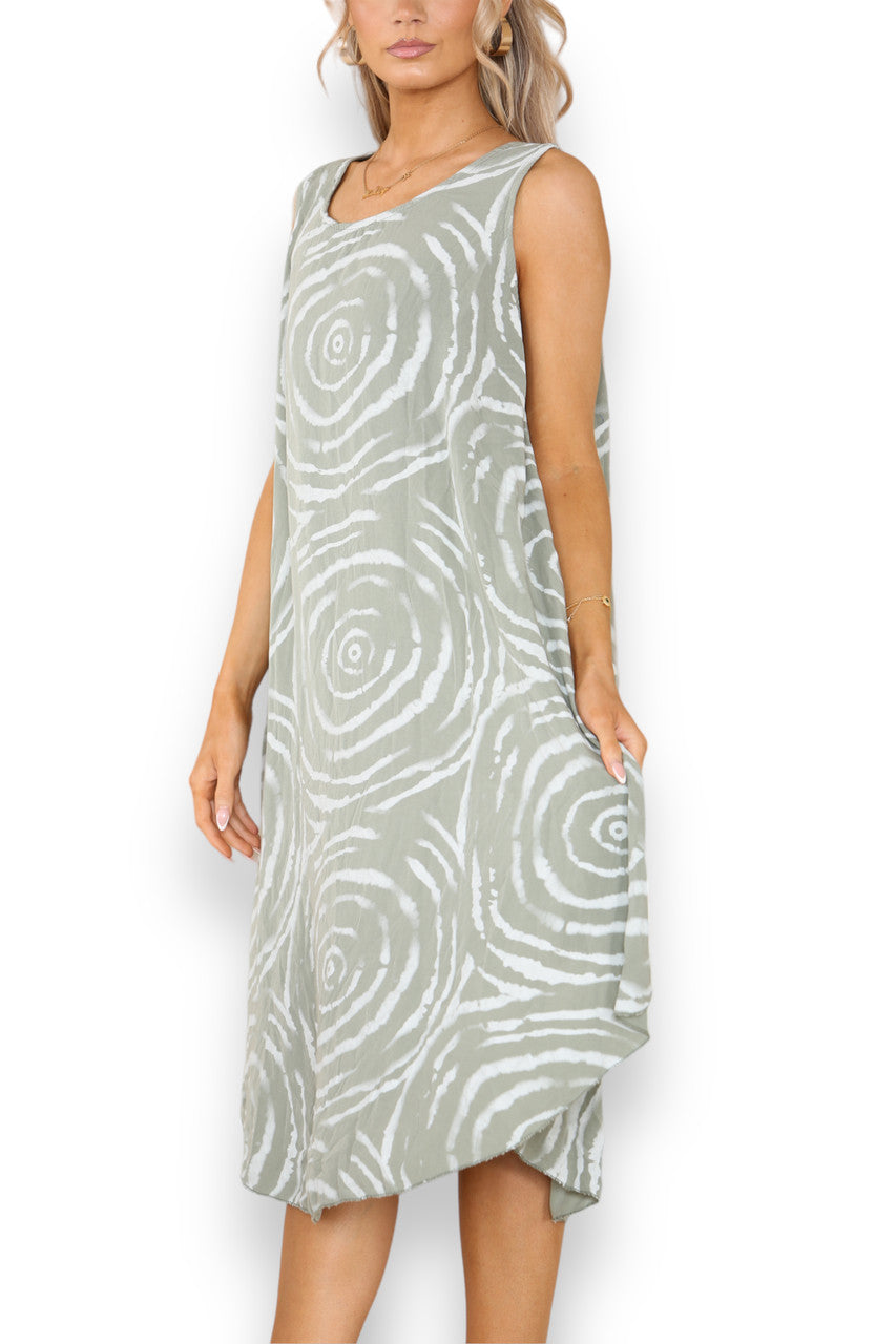 Ladies Swirl Print Sleeveless Dress Khaki