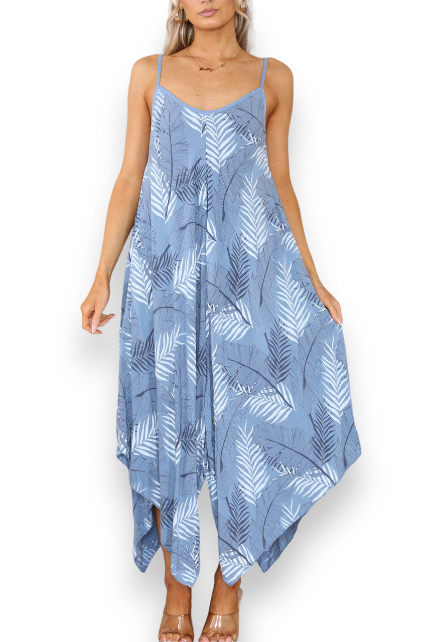 Dames denim strappy jurk met bladprint