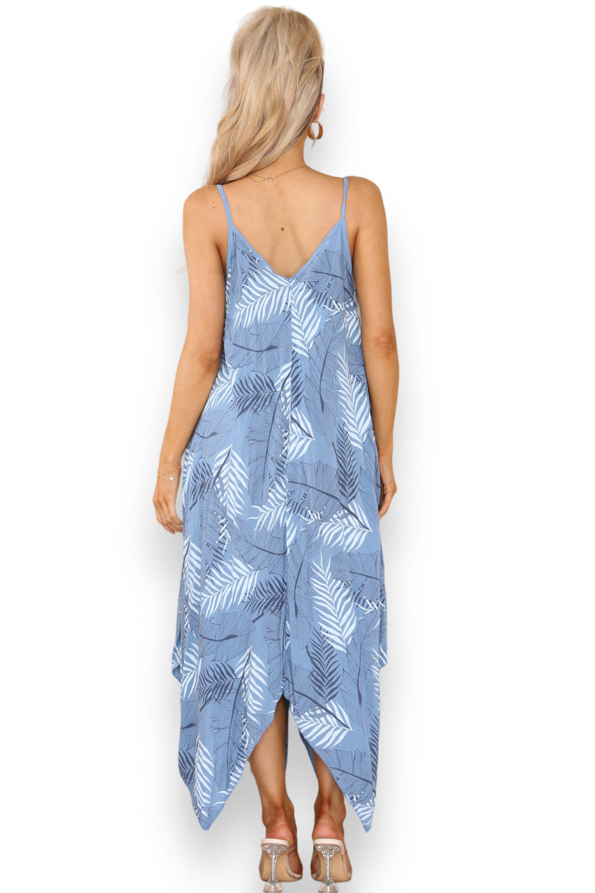 Dames denim strappy jurk met bladprint