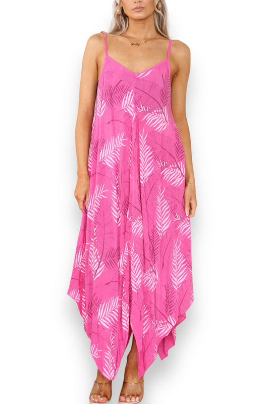 Ladies Leaf Print Strappy Dress Cerise