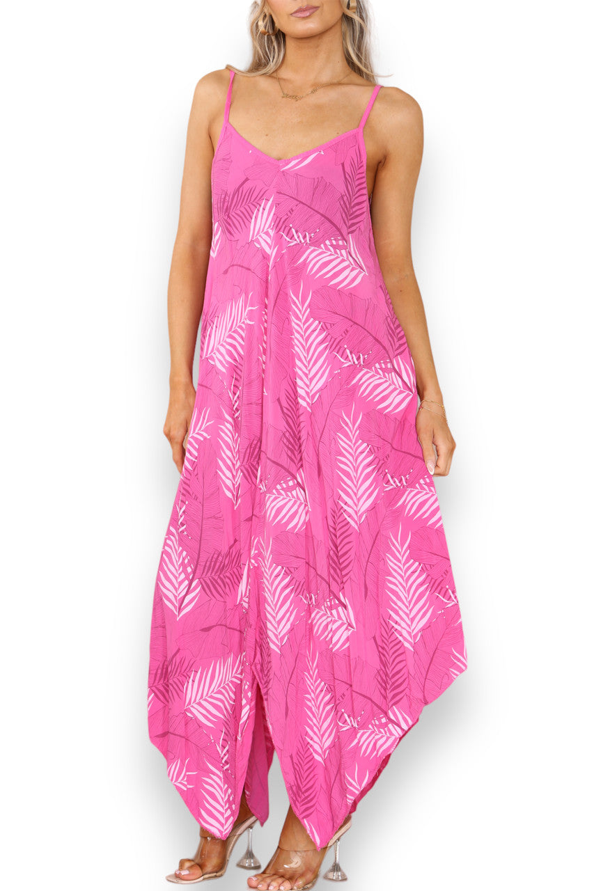 Ladies Leaf Print Strappy Dress Cerise