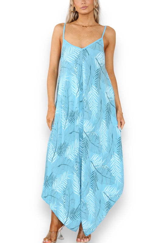 Ladies Leaf Print Strappy Dress Turquoise