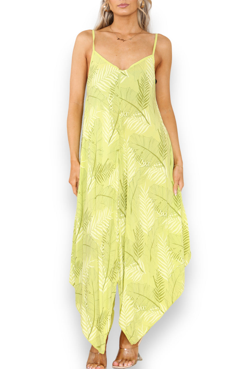Ladies Leaf Print Strappy Dress Lime