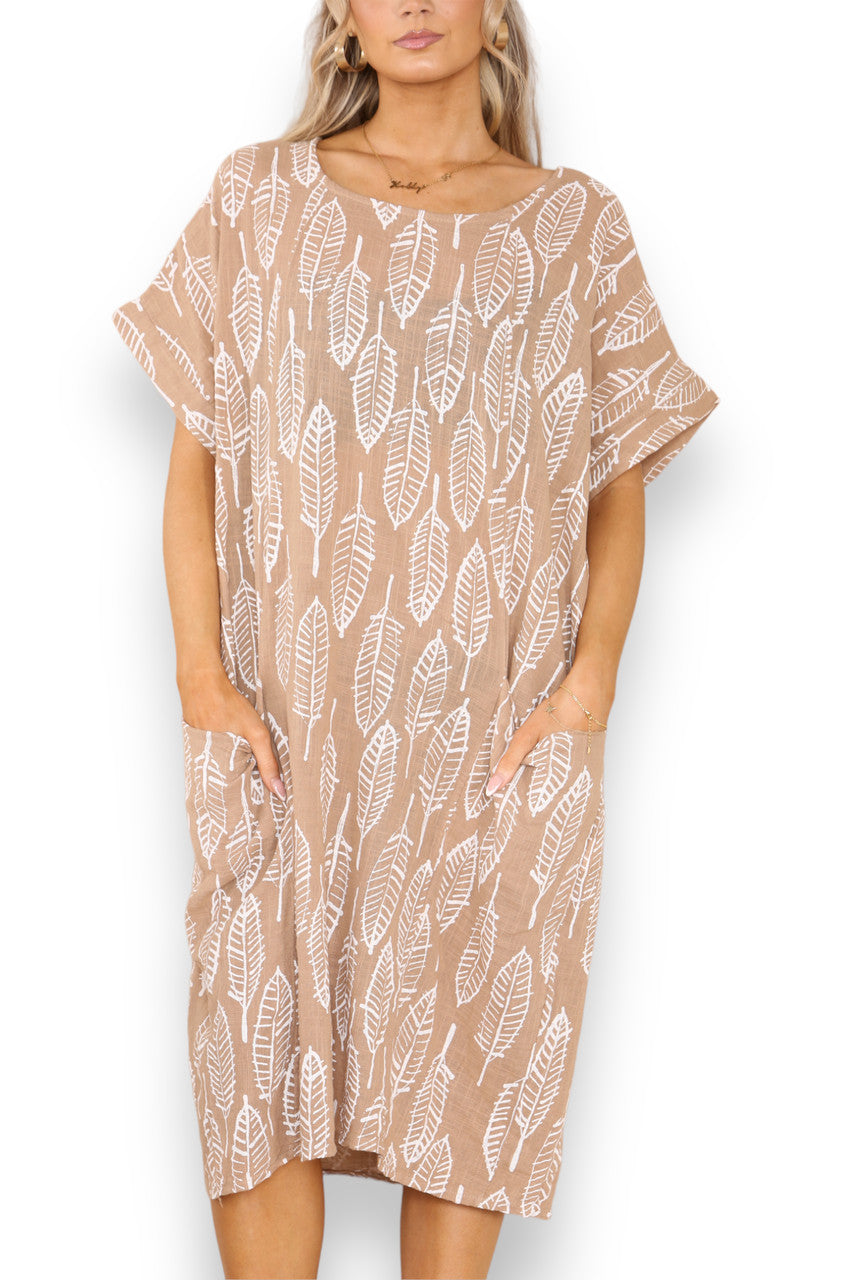 Dames Tuniekjurk met Bladskeletprint Tan