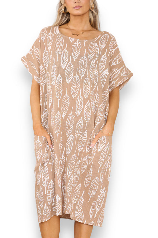 Dames Tuniekjurk met Bladskeletprint Tan