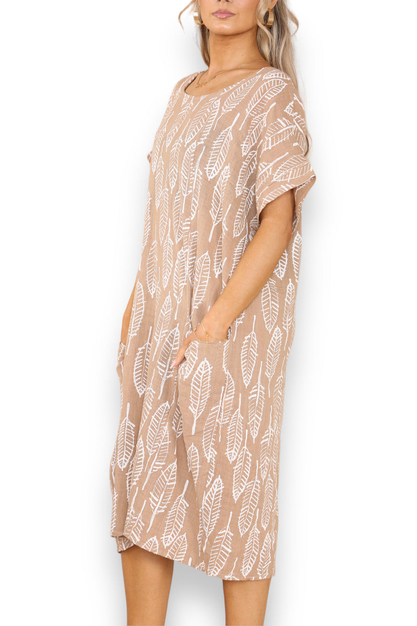Dames Tuniekjurk met Bladskeletprint Tan