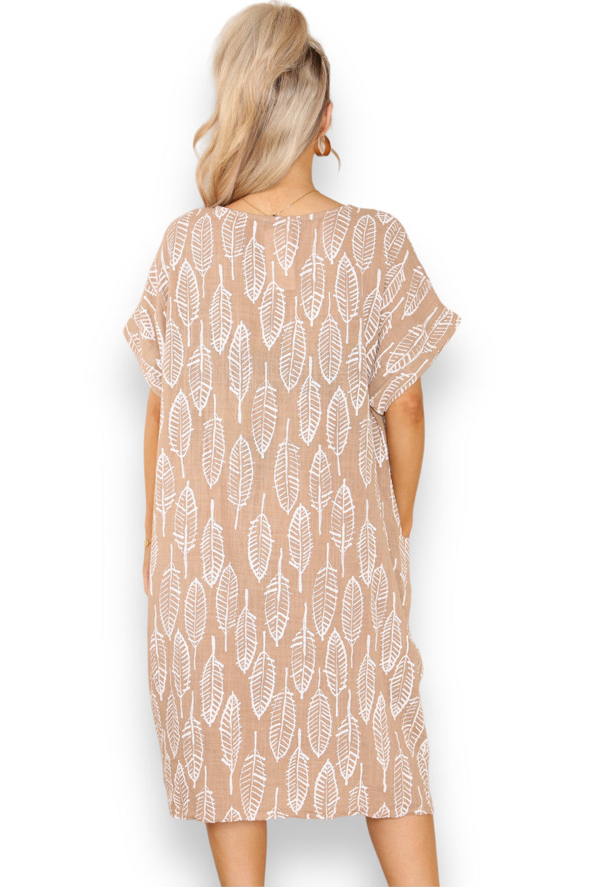 Dames Tuniekjurk met Bladskeletprint Tan